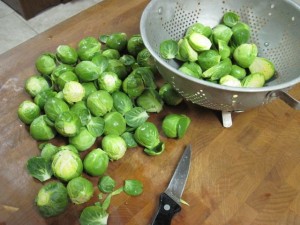 I like to cut the Brussels Sprouts in half so they take on all the delicious sweet and sour flavors