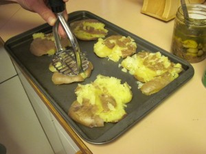 Smash the potato to make a free-form pancake about 1/2" thick