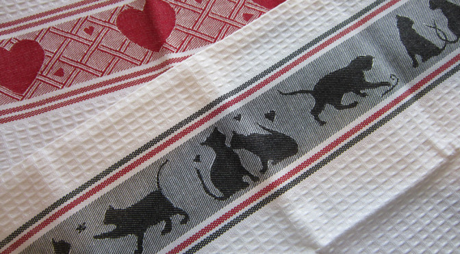 set of waffle weave towels - hearts and cats at play